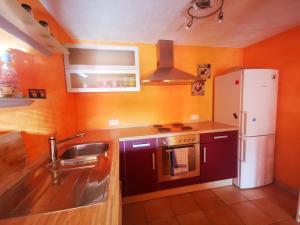 una cucina con un lavello e un frigorifero bianco di Oase im Grünen! a Freisen