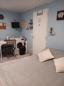 um quarto com uma cama, uma secretária e uma máquina de lavar roupa em Entre terre et mer em Gémozac