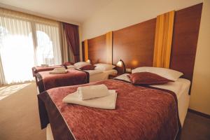 um quarto de hotel com três camas com toalhas em Etno selo Stanišići Hotel Ras em Dijelovi