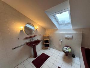 a bathroom with a sink and a mirror and a toilet at Entspannungsoase Haus Iris in Kirchham +13 photos