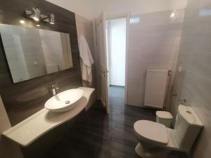 La salle de bains est pourvue d'un lavabo, de toilettes et d'un miroir. dans l'établissement VILLA VASILIS ORNOS, à Mykonos