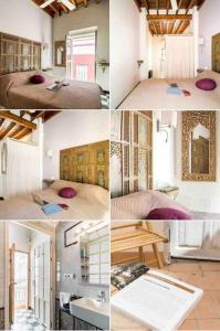 een collage van vier foto's van een slaapkamer bij LUXURY 3 floor house Prime Location PLAZA DE TOROS in Sevilla