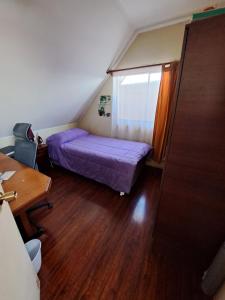 a small bedroom with a purple bed and a window at Alojamiento Temuco in Temuco
