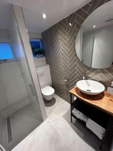 uma casa de banho com um lavatório, um WC e um espelho. em De Boet, dicht bij duinen en zee em Warmenhuizen