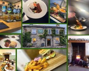 a collage of pictures of a house and food at Redmire Village Pub in Redmire