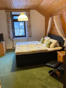a bedroom with a bed and a window and a lamp at Haus Obernig in Mallnitz