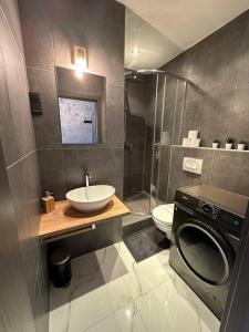 ein Badezimmer mit einem Waschbecken und einer Waschmaschine in der Unterkunft Moderný apartmán s krásnym výhľadom v top lokalite in Žilina