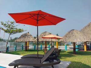 a group of chairs and umbrellas next to a pool at Hotel La Cueva del Pirata in Las Casitas