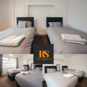 a collage of four pictures of a bedroom with two beds at Lovely 2 Bedroom House Sheffield Central Location in Sheffield