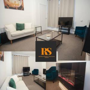 a living room with a white couch and a tv at Lovely 2 Bedroom House Sheffield Central Location in Sheffield
