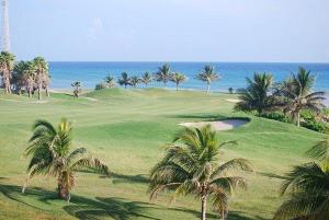 a view of a golf course with palm trees and the ocean at Orchidée, Spacieux & Vue mer in Les Trois-Îlets