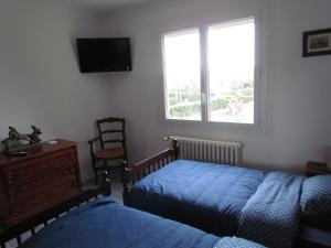 1 dormitorio con 2 camas, TV y ventana en gîte de la Claveille en Bergerac