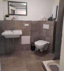 ein Badezimmer mit einem Waschbecken, einem WC und einem Spiegel in der Unterkunft Ferienwohnung K1 in Hambühren