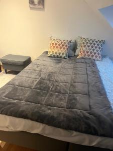 een slaapkamer met een groot bed met 2 kussens bij Au Marolles chambre Atomium in Brussel