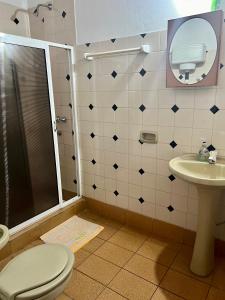 a bathroom with a shower and a toilet and a sink at Casona Rural Km 1469 in Puerto Rico