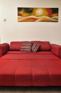 un sofá rojo en una habitación con una pintura en la pared en Depto con hermosa vista al lago y cerros cerca de todo en San Carlos de Bariloche