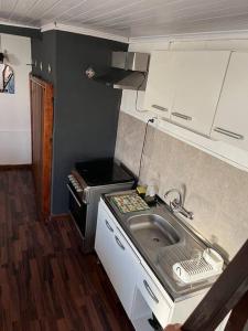 uma pequena cozinha com um lavatório e um fogão em María Chusena alojamiento 2 em Fray Bentos