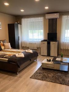 a bedroom with two beds and a flat screen tv at Aranyfürt Vendégház in Tokaj