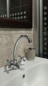 ein Waschbecken mit einem Wasserhahn und einer Tasse drauf in der Unterkunft Casa Rústica Con Encanto. in Brandomil