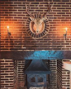una cabeza de ciervo en una pared de ladrillo en The Leicester Arms Country Inn, en Penshurst