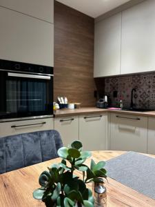 uma cozinha com armários brancos e uma mesa com uma planta em Apartament Centrum Park 654 em Szklarska Poręba