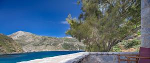 a bench sitting next to a body of water at Porto Kale Guesthouse in Porto Kagio