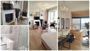 a collage of three pictures of a bedroom and a living room at LE FORTUNY - 3 Suites, 2 apparts, 1 chambre - proche TRAM ligne aéroport et parking gratuit in Mérignac