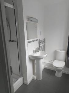 y baño con aseo, lavabo y ducha. en Otterhole Barn Holiday Apartment, en Buxton