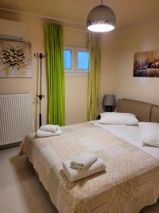 アギオス・イオアニス・ペリオンにあるCentaur Villaの緑のカーテンとタオルが備わる客室内のベッド2台