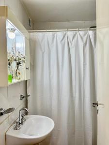 a bathroom with a sink and a shower curtain at The best experience and service in Mendoza
