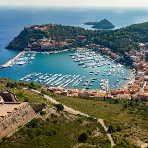 an aerial view of a harbor with boats in the water at La Roqqa in Porto Ercole