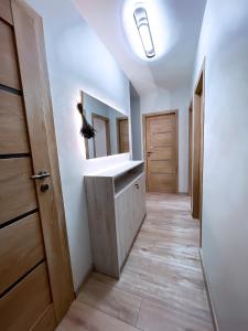 a bathroom with a sink and a mirror at Cozy Retreat Apartment in Ventspils