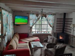 a living room with a couch and a tv and a fireplace at Paraiso Bariloche in San Carlos de Bariloche