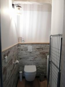 a bathroom with a white toilet and a wooden floor at Studio aux Granges du Vilaret in Clairvaux-les-Lacs