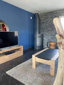 sala de estar con pared azul y TV en Maison basque piscine spa 