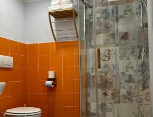 ein orangefarbenes gefliestes Bad mit einer Dusche und einem WC in der Unterkunft La Chicca di Sofy in Orvieto