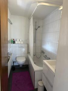 Baño blanco con aseo y lavamanos en charmante 3,5 Zimmer Wohnung in Bauernhaus, en Volketswil