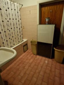 a bathroom with a tub and a shower curtain at Central home in Brussels