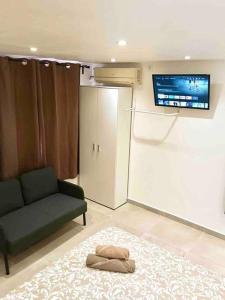 - un salon avec un canapé et un tapis dans l'établissement Apartamentos LH frente al metro Barcelona-Aeropuerto, à L'Hospitalet de Llobregat