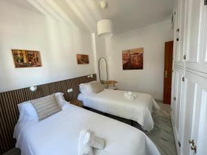 セビリアにあるEl Jardin de la Palmera-Ducha solar!のベッドが2つと鏡がある部屋