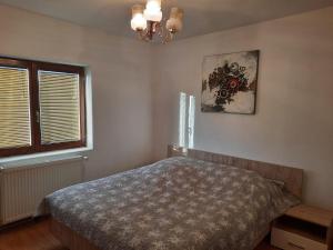 Schlafzimmer mit einem Bett und einem Kronleuchter in der Unterkunft Ivković Residence in Livno