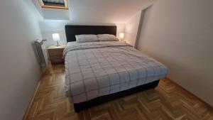 Stan na dan Apartman S في بوزاريفاتش: غرفة نوم بسرير كبير وعليها مصباحين