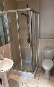 a bathroom with a shower and a toilet and a sink at City Centre apartment. in Wrexham