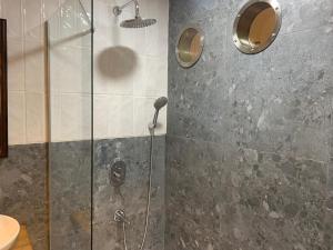 a bathroom with a shower with a glass door at Deluxe Apartment at the seaside in Pasaport Alsancak Izmir in Konak