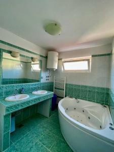 La salle de bains est pourvue de 2 lavabos et d'une baignoire. dans l'établissement Apartments Valbandon, à Fažana