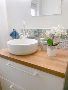 eine Badezimmertheke mit einem weißen Waschbecken und Blumen darauf in der Unterkunft Duplex Atypique Paris 13 Station F Bercy in Paris