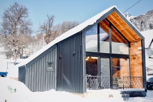domek na śniegu z dużymi oknami w obiekcie Cottage Kolašin w mieście Kolašin