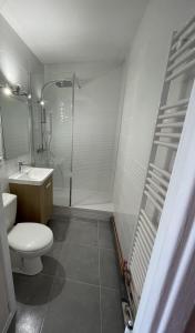 a bathroom with a toilet and a shower and a sink at Studio cocooning petite vue mer in Cabourg