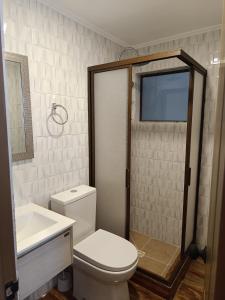 a bathroom with a toilet and a sink and a shower at Cafetto Hostal in Caldera