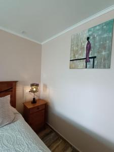 um quarto com uma cama e uma fotografia na parede em Cafetto Hostal em Caldera